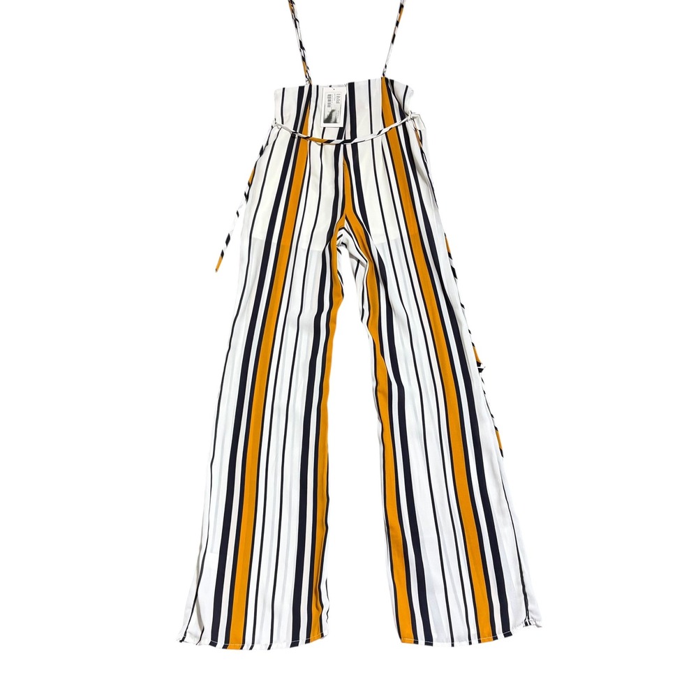 Lilyful Womens Striped Wide Leg Jumpsuit Mustard White Black NWT Small